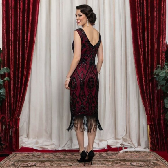 Unbranded Vintage 1920s Flapper Midi Dress Sequin A-Line Sheer Party Costume Red - Picture 3 of 12